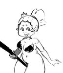  cleavage clothed clothing female looking_at_viewer monochrome not_furry orc_princess pointy_ears solo thick_thighs towergirls unknown_artist 
