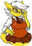  2013 anthro black_sclera chubby clothing eeveelution eyewear female fur glasses hair jolteon lemon_swirl necktie nintendo pcaduck pok&eacute;mon shirt simple_background skirt solo vest video_games white_background white_hair yellow_eyes yellow_fur 