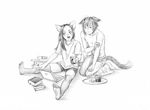  angst animal_humanoid book boyfriend cat cat_humanoid clothed clothing computer couple cup drink duo feline felis food greyscale half-dressed hitomikoro humanoid laptop lemon male mammal monochrome simple_background tails_after_night topless tray white_background 
