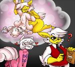  &lt;3 ? anthro biting_lip black_sclera blush book breasts cast chubby clothed clothing cunnilingus duo eeveelution eyes_closed eyewear female female/female flat_chested fur glasses hair jolteon kneeling lemon_swirl lying multiple_tails necktie nintendo nipples nude on_back open_mouth oral pcaduck pok&eacute;mon sex shirt skirt sweater thought_bubble vaginal vest video_games vulpix white_fur white_hair yellow_fur 