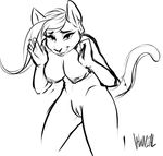  breasts cat feline female looking_at_viewer mammal nipples nude pussy simple_background sketch smile solo valuvial white_background 