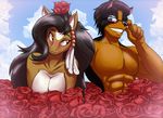  2015 abs anthro blue_eyes blush brown_eyes canine cleavage clothed clothing dog equine eyewear feathers female flower glasses hair horse long_hair male mammal muscular plant rose toughset 