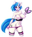  2015 anthro anthrofied big_breasts blue_hair breasts clothing cutie_mark equine eyewear female freckles friendship_is_magic glasses hair horn legwear looking_at_viewer mammal multicolored_hair my_little_pony nipples open_mouth panties pastelletta simple_background solo stockings tongue two_tone_hair underwear unicorn vinyl_scratch_(mlp) white_background 