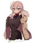  anastasia_(idolmaster) anpolly blue_eyes coat dress fur_trim idolmaster idolmaster_cinderella_girls jacket jacket_on_shoulders looking_at_viewer ribbed_dress silver_hair smile solo 