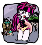  2girls artist_request black_hair cleo_de_nile draculaura earrings jewelry looking_at_viewer monster_high multiple_girls open_mouth pink_eyes pink_hair sunglasses swimsuit twintails wide_hips 