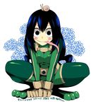  asui_tsuyu black_eyes black_hair blush_stickers bodysuit boku_no_hero_academia dated frog_girl gloves green_bodysuit hair_rings long_hair long_tongue low-tied_long_hair psycocko snail solo tongue tongue_out white_background 