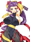  1girl areola_slip areolae armpits arms_behind_head arms_up artist_request breasts card erect_nipples female huge_breasts leotard looking_at_viewer pantyhose parted_lips purple_eyes purple_hair rose_(street_fighter) shawl sleeveless smash_daisaku solo street_fighter torn_clothes 