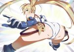  1girl ass bare_shoulders blonde_hair blue_eyes boots bradamante_(fate/grand_order) braid breasts elbow_gloves fate/grand_order fate_(series) from_behind gloves hip_attack ippo leotard long_hair looking_at_viewer looking_back parted_lips shiny shiny_clothes shiny_hair shiny_skin sideboob smile solo thigh_boots thighhighs twintails very_long_hair 