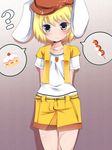 :3 ? adapted_costume animal_ears arms_behind_back bangs blonde_hair bunny_ears cake carrot_necklace collarbone cowboy_shot dango doku_corne flat_cap floppy_ears food gradient gradient_background hat highres jewelry light_smile looking_at_viewer mitarashi_dango pendant red_eyes ringo_(touhou) shadow short_hair short_sleeves shorts simple_background skewer solo speech_bubble standing strawberry_shortcake tareme thigh_gap touhou vest wagashi yellow_vest 