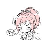  bad_id bad_pixiv_id blush chibi closed_eyes high_ponytail japanese_clothes long_hair male_focus mole mole_under_eye monochrome sakiyo_cake scarf sneezing solo speech_bubble touken_ranbu translated upper_body white_background yamato-no-kami_yasusada 