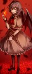  ascot bat_wings black_legwear blood blood_splatter brooch dress eredhen fang fire flame full_body highres jewelry lavender_hair looking_at_viewer md5_mismatch no_hat no_headwear open_mouth pink_dress puffy_short_sleeves puffy_sleeves red_eyes remilia_scarlet short_sleeves slit_pupils solo touhou wings wrist_cuffs 