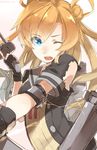  ;d abukuma_(kantai_collection) blonde_hair blue_eyes kantai_collection long_hair machinery meru_(merumumu) one_eye_closed open_mouth remodel_(kantai_collection) school_uniform serafuku smile solo torn_clothes turret twintails 