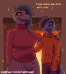  2018 amon_(atrolux) anthro atrolux black_scales black_sclera black_tongue blue_eyes blue_scales bulge christmas clothed clothing dark_scales dickgirl duo english_text forked_tongue front_view green_scales hair holidays intersex kyra_(atrolux) male mother mother_and_son parent reptile scales scalie slit_pupils smile snake son standing sweater text tongue tongue_out yellow_eyes 