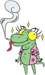  2011 badge black_eyes cigarette clothed clothing curtsibling digital_media_(artwork) eyebrow eyelashes facial_hair flower green_skin half-dressed lizard mcreptile parody plant reptile scalie shirt smoke solo sparkling tongue tongue_out yellow_sclera 