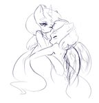  2013 anthro blossomfall blush duo equine eyes_closed fan_character feathers female fur hair half-closed_eyes horn hug larkdraws long_hair mammal monochrome my_little_pony nightflight pegasus ponytail simple_background sketch unicorn white_background wings 