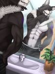  5_fingers abs bat biceps big_muscles black_fur canine claws clothed clothing fangs fur hair half-dressed hybrid male mammal mirror muscular pecs plussun purple_eyes reflection sink smirk solo syruswolfos toned topless underwear white_fur wolf 