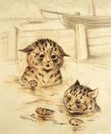  ambiguous_gender boat cat duo ears_back ears_down feline license_info louis_wain mammal monochrome open_mouth outside partially_submerged pencil_(artwork) public_domain semi-anthro sepia sketch swimming traditional_media_(artwork) vehicle water whiskers worried 