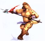  anthro armband balls claws clothed clothing hair half-dressed humanoid_penis hyena iceman1984 loincloth looking_at_viewer male mammal nipples open_mouth paws penis running shouting simple_background solo spots teeth tongue topless weapon 