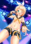  1girl :d arm_warmers belt blonde_hair blush breasts buckle concert detached_collar dutch_angle fast-runner-2024 female finger_gun from_below green_eyes hair_ornament hair_ribbon kagamine_rin looking_at_viewer looking_down microphone navel neckerchief nipples one_eye_closed open_fly open_mouth panties ribbon sailor_collar short_hair short_shorts shorts small_breasts smile solo stage_lights topless underwear vocaloid wink 