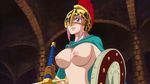  1girl breasts dressrosa dungeon female gladiator helmet large_breasts long_hair nipples no_bra one_piece photoshop pink_hair rebecca_(one_piece) screencap 