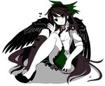  :&gt; asymmetrical_legwear bird_wings black_hair collared_shirt commentary head_tilt heart high_heels legs long_hair looking_at_viewer mikomo0106 miniskirt mismatched_legwear pale_skin red_eyes reiuji_utsuho shirt shoes sitting skirt smile solo touhou unyu very_long_hair waving wings 