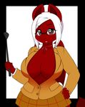  2015 absurd_res anthro big_breasts bow breasts chilly_pepper cleavage clothed clothing dragon equine eyewear fan_character female glasses hair hi_res horn horse hybrid jacket kloudmutt looking_at_viewer mammal my_little_pony pegasus pony red_eyes red_skin short_hair skirt smile solo standing unicorn whip white_hair wide_hips wings 