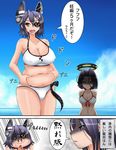  :d ^_^ belly belly_grab bikini black_hair breasts bullying closed_eyes commentary_request covered_nipples eyepatch fang fat gloom_(expression) headgear highres hooves kantai_collection large_breasts mechanical_halo mole mole_under_eye multiple_girls navel o_o open_mouth pig pig_girl plump purple_hair shaded_face short_hair smile snout swimsuit tatsuta_(kantai_collection) tears tenryuu_(kantai_collection) thick_thighs thighs tk_(butakuma) translated turn_pale yellow_eyes 