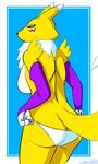  back blue_eyes breasts butt canine chest_tuft clothing digimon fox fur gloves looking_at_viewer mammal markings neck_tuft panties renamon side_boob smile solo stm tuft underwear white_fur yellow_fur 