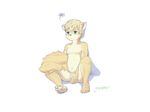  2015 blonde_hair blue_eyes canine claws covering covering_crotch dog fox hair male mammal mooco_(artist) nipples nude pubes simple_background solo spread_legs spreading 