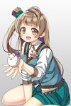  :d bad_id bad_pixiv_id bangs between_legs bird bird_on_hand breasts brown_eyes brown_hair corsage grey_background hand_between_legs long_hair looking_at_viewer love_live! love_live!_school_idol_project medium_breasts minami_kotori minami_kotori_(bird) one_side_up open_mouth scrunchie side_bun sitting skirt smile solo sweater_vest yatsuki_yura 