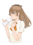  ahn bags_under_eyes blue_eyes bottle brown_hair hair_ornament kantai_collection kumano_(kantai_collection) long_hair looking_away no_legs pinky_out ponytail solo sweat upper_body water_bottle white_background 