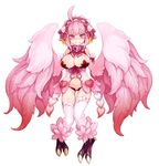  ahoge blonde_hair blush breasts cleavage drooling feathered_wings feathers full_body hairband harpy jubjub_(monster_girl_encyclopedia) kenkou_cross large_breasts looking_at_viewer midriff monster_girl monster_girl_encyclopedia multicolored_hair navel official_art open_mouth panties pink pink_eyes pink_hair pink_wings pussy_juice saliva short_hair simple_background smile solo sweat talons underwear white_background winged_arms wings 