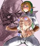  2boys abs bar_censor blonde_hair blush breastless_clothes censored earrings jewelry link multiple_boys nipple_piercing nipples penis_piercing piercing pointless_censoring prince_albert pubic_hair purple_eyes shrug_(clothing) sirotaikyou the_legend_of_zelda turtleneck wide_stance 