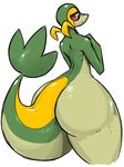  2015 anthro big_butt butt green_scales leaf looking_at_viewer looking_back male multicolored_scales nintendo orange_scales pok&eacute;mon pumpkybutt red_eyes scales scalie simple_background snivy solo two_tone_scales video_games voluptuous white_background 