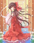  ascot bad_id bad_pixiv_id bow brown_hair detached_sleeves flower furapechi hair_bow hair_tubes hakurei_reimu long_hair looking_back petals red_eyes ribbon smile solo torii touhou water 