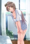  blush bottomless breasts brown_eyes brown_hair cleavage eyebrows eyebrows_visible_through_hair hair_ribbon indoors kichiroku large_breasts leaning_forward long_hair looking_at_viewer love_live! love_live!_school_idol_project minami_kotori naked_shirt one_side_up open_mouth ribbon shirt smile solo standing 