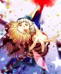  american_flag_dress american_flag_legwear blonde_hair blurry clownpiece colored_eyelashes commentary_request eredhen fairy fairy_wings from_above hat highres jester_cap long_hair looking_at_viewer looking_up open_mouth outstretched_arm outstretched_hand pantyhose red_eyes short_sleeves solo spell_card star torch touhou very_long_hair wings 