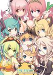  6+girls ahoge animal_ears bare_shoulders blonde_hair blue_eyes blush bow braid breast_press breasts brother_and_sister cat_ears cleavage commentary detached_sleeves fungus_(vocaloid) goggles goggles_on_head green_eyes green_hair gumi hair_ornament hair_ribbon hairclip hatsune_miku headphones headset highres ia_(vocaloid) kagamine_len kagamine_rin large_breasts long_hair long_skirt looking_at_viewer megurine_luka multiple_girls nitroplus off_shoulder open_mouth pink_hair red_eyes ribbon seeu shaded_face short_hair siblings skirt sleeveless smile spring_onion super_sonico symmetrical_docking twin_braids twins twintails very_long_hair vocaloid yeounsi 