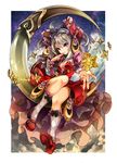  ahoge bonnet breasts chain_chronicle cleavage crystal dress evegogo grey_hair hair_ornament hand_to_own_mouth kneehighs medium_breasts moon outstretched_hand purple_eyes red_dress red_footwear shoes sitting sky solo star_(sky) starry_sky 