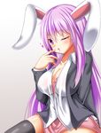  animal_ears black_legwear blazer blouse blush breasts bunny_ears cleavage collarbone heart jacket large_breasts long_hair one_eye_closed open_clothes open_mouth open_shirt pleated_skirt purple_hair red_eyes reisen_udongein_inaba roro_(sghona10) shirt skirt solo thighhighs touhou 