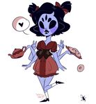  &lt;3 anthro arachnid arthropod black_eyes black_hair blush clothing doughnut dress fangs female food grey_skin hair hair_bow monster muffet multi_limb multiple_eyes musical_note plate solo_focus tea_pot 