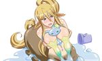  2girls blonde_hair blue_eyes blush breasts bucket centaur centorea_shianus crossed_arms large_breasts long_hair monster_girl monster_musume_no_iru_nichijou multiple_girls navel nipples nude open_mouth ponytail saliva slime standing suu_(monster_musume) yuri 