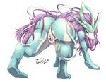  2015 absurd_res all_fours anthro anthrofied anus areola big_butt blue_skin breasts butt censored covering female hair hi_res ineffective_censorship legendary_pok&eacute;mon long_hair looking_back nintendo nipples nude pok&eacute;mon pok&eacute;morph purple_hair pussy red_eyes simple_background suicune tailzkim text tongue tongue_out video_games white_background white_skin 