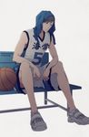  backlighting ball basketball basketball_uniform bench black_hair english highres kuroko_no_basuke looking_ahead male_focus md5_mismatch moriyama_yoshitaka noguchi_(larcan69) shoes simple_background sitting sitting_on_bench sneakers solo sportswear sweat towel uniform white_background 