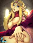  blonde_hair blue_eyes breasts commentary_request covering covering_crotch highres hizzacked lips long_hair nipples parted_lips pointy_ears princess_zelda pussy_juice solo spread_legs the_legend_of_zelda watermark zelda_musou 