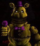  2015 animatronic anthro bear black_background bow_tie clothed clothing five_nights_at_freddy&#039;s five_nights_at_freddy&#039;s_4 freddy_(fnaf) hat latiar looking_at_viewer machine male mammal microphone nightmare_fuel robot sharp_teeth simple_background solo teeth top_hat video_games white_eyes 