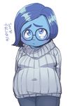  1girl artist_request blue_eyes blue_hair blue_skin glasses inside_out sadness_(inside_out) sweater tears translation_request 