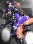  ass black_hair bodysuit bowalia breasts large_breasts multiple_girls muscle muscular_female red_hair ryona saliva skin_tight submission_hold wrestling 