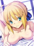  ahoge alternate_breast_size areolae artoria_pendragon_(all) bed_sheet blonde_hair blue_eyes blush breasts face_down fate/stay_night fate_(series) medium_breasts nipples saber short_hair skylader solo top-down_bottom-up window 