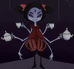  anthro arachnid arthropod black_hair clothing ditzledoodle dress fangs female grey_skin hair hair_bow muffet multi_limb multiple_eyes smile solo spider tea_cup tea_pot undertale 